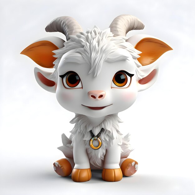 Cute cartoon goat sitting on a white background3d rendering