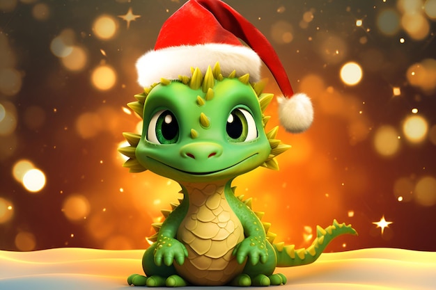 Cute cartoon green dragon in a New Year hat on a golden background