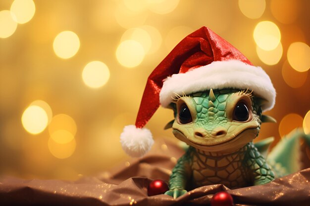 Cute cartoon green dragon in a New Year hat