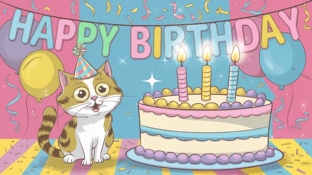 Cute cartoon Happy Birthday Cat with Cake and colorful candles Festive funny celebration concept