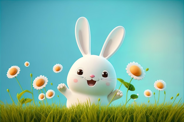 Premium Photo | Cute cartoon happy bunny on blue sky and green meadow ...