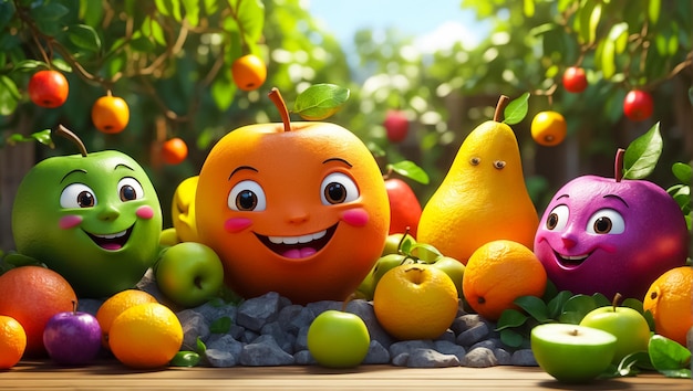 Foto cartoon carino frutta felice nel giardino