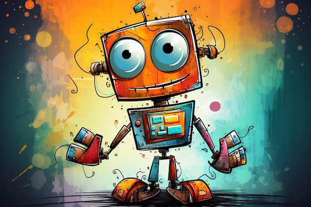 Милый мультфильмный счастливый робот рисует цветными карандашами