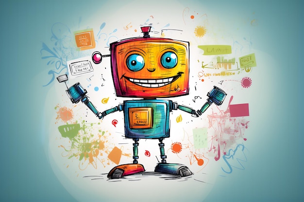 Cute cartoon happy robot Drawing with colored pencils