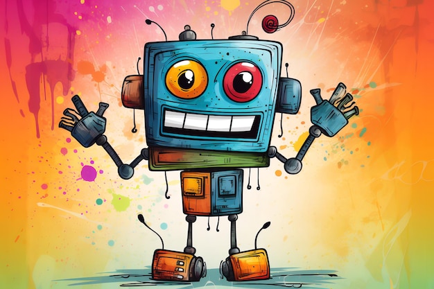 Cute cartoon happy robot Drawing with colored pencils