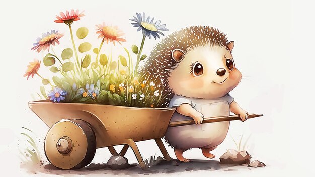 Cute cartoon hedgehog with Watercolor Spring Wheelbarrow Spring Flowers Generative AI