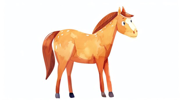 Photo a cute cartoon horse with a light orange coat dark brown mane and tail and a white blaze on its forehead