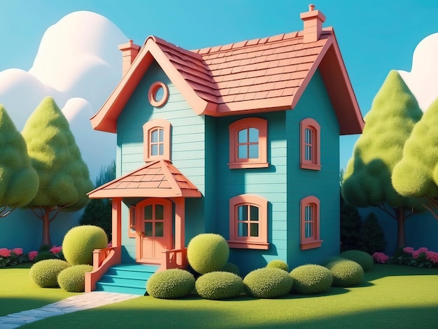 cute cartoon house illustration image with 3D effect