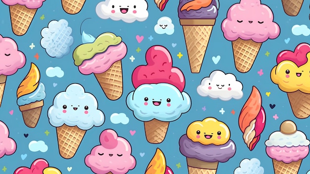 Cute cartoon ice creams on white background in japan kawaii style