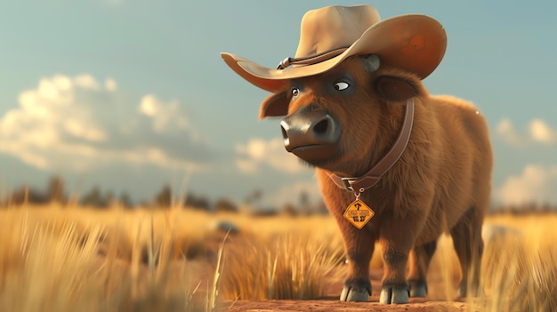 A cute cartoon illustration of a baby bull wearing a cowboy hat and a sheriff badge