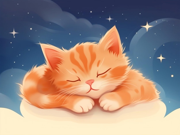 Cute cartoon illustration of ginger cat sleeping background