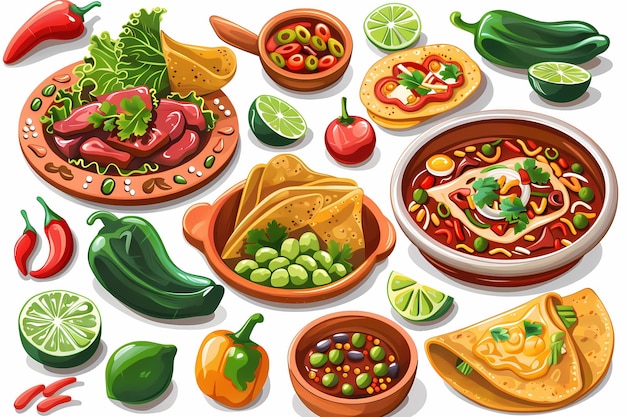 Cute cartoon image of Mexican food such as tacos and chalupas with various fillings Ai generated