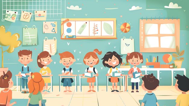 Photo cute cartoon kids in a classroom setting smiling and holding books