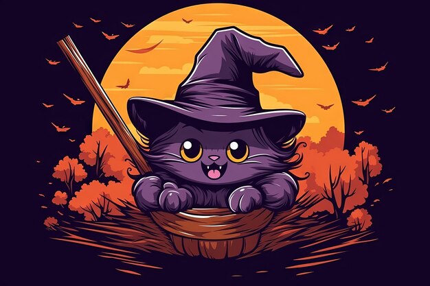 Photo cute cartoon kitten playful cat witch animal illustration