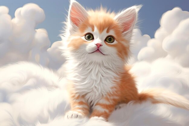 Cute cartoon kitten in white clouds
