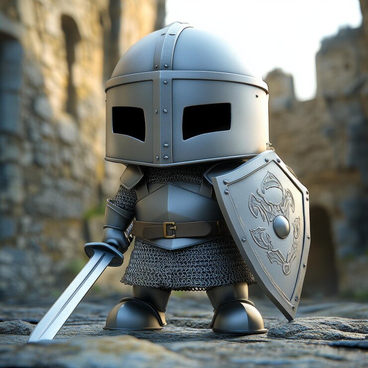 Photo cute cartoon knight in armor with sword and shield