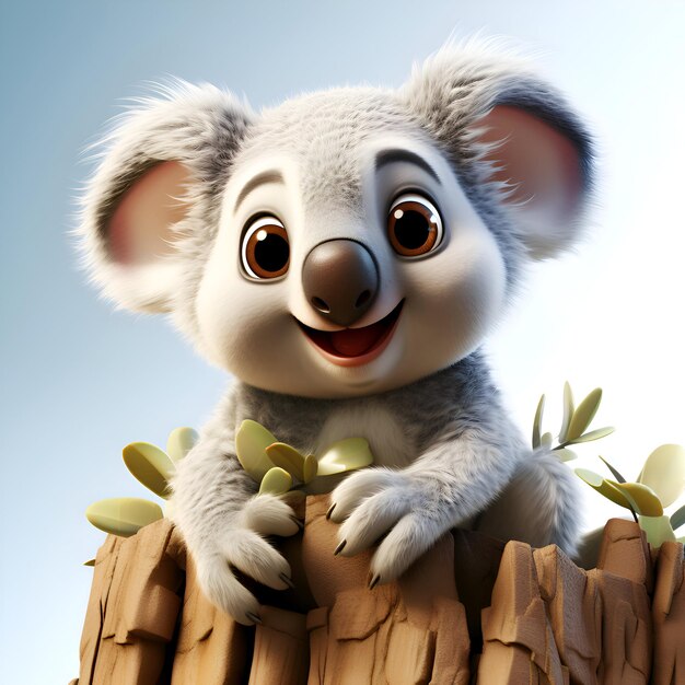 Фото Милая мультфильмная коала сидит на бревне 3d-рендера