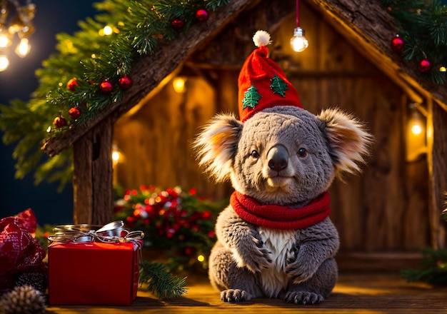 Cute cartoon koala wearing santa hat at home