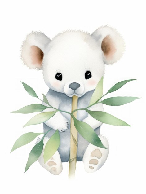 Cute cartoon koala with a bamboo branch watercolor illustration generative ai