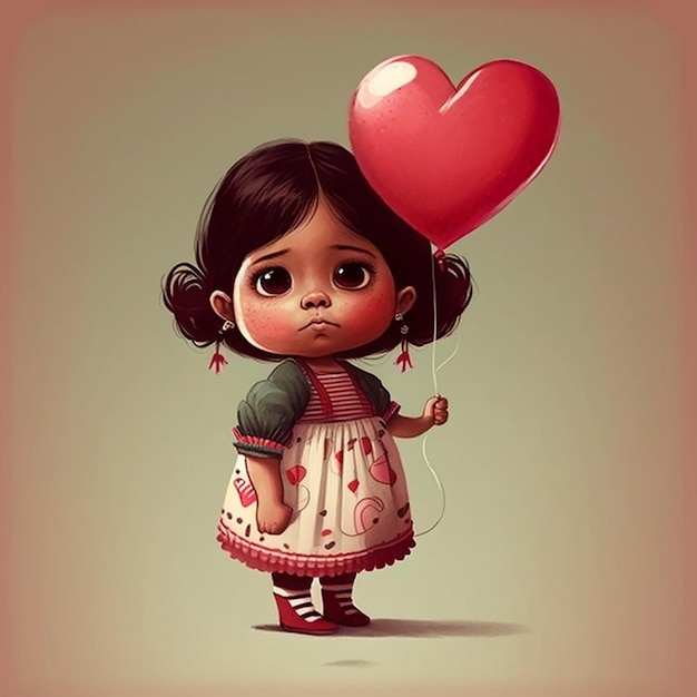 Cute Cartoon Latino Girl with Heart Balloon and Room for Copy