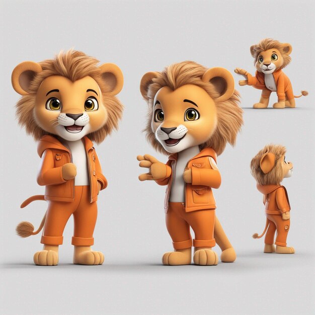 A cute cartoon lion orange clothes beautiful full body smiling clear white background