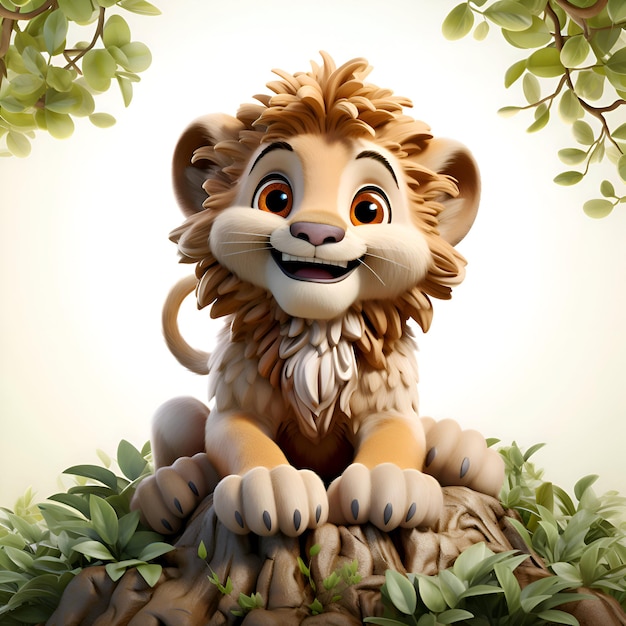 写真 草の上に座っている可愛いアニメのライオン 3dレンダリングイラスト