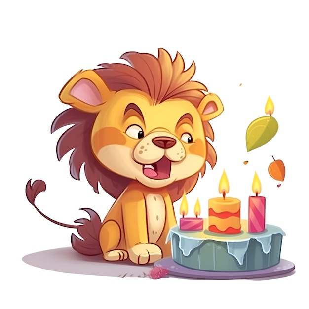 Cute cartoon lion with cake and candles Vector illustration isolated on white background