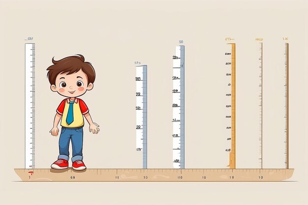 Photo cute cartoon little boy measure length using foot step