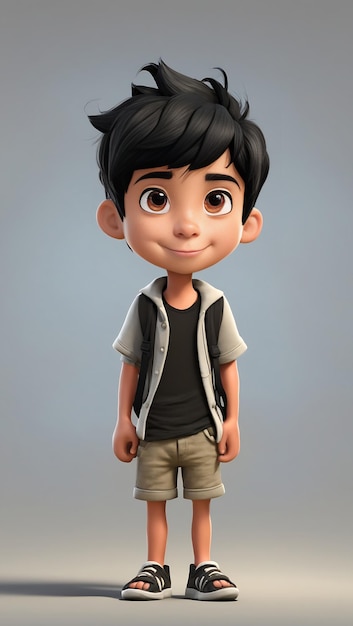 Cute cartoon little boy with black hair dressed in black standing and smiling