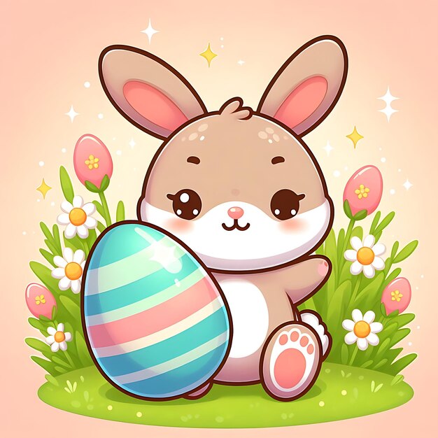 Милый мультфильмный кролик с пасхальным яйцом на фоне травы