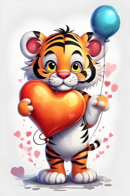 Foto simpatico cartone animato piccola tigre divertente con un palloncino a forma di cuore