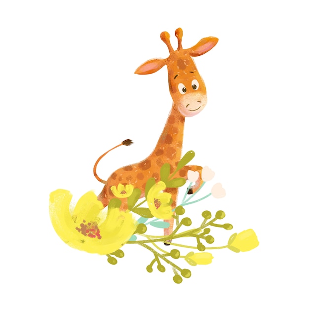 Cute cartoon little giraffe with a flowers