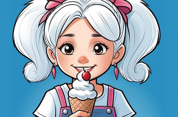 Cute cartoon little girl eating an ice cream cone on a blue background closeup