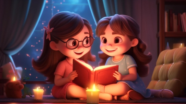 Cute cartoon little girls reading a book together at home Generative AI