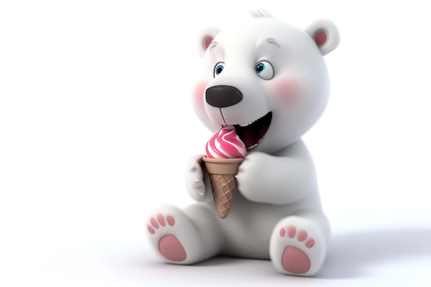 Cute cartoon little polar bear with ice cream on white background with copy space
