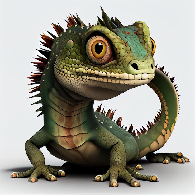 Cute cartoon lizard character 3D animation on white background