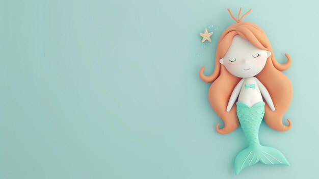 Foto dolce sirena dei cartoni animati con lunghi capelli arancione e coda di pesce verde perfetta per l'illustrazione di libri per bambini o per il sito web