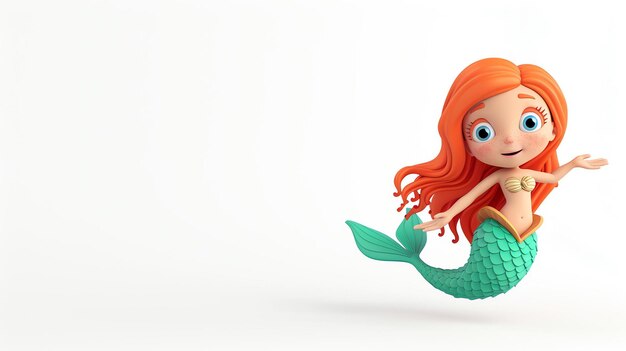 Фото Милая мультфильмная русалка с рыжими волосами и зеленым хвостом 3d рендеринг