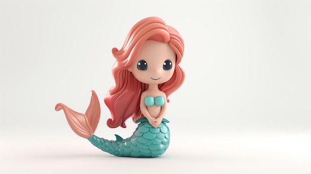 Cute cartoon mermaid with red hair and blue eyes She is wearing a green seashell bra and has a pink tail