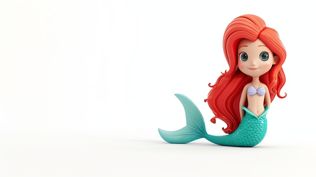 Cute cartoon mermaid with red hair and green tail 3d rendering