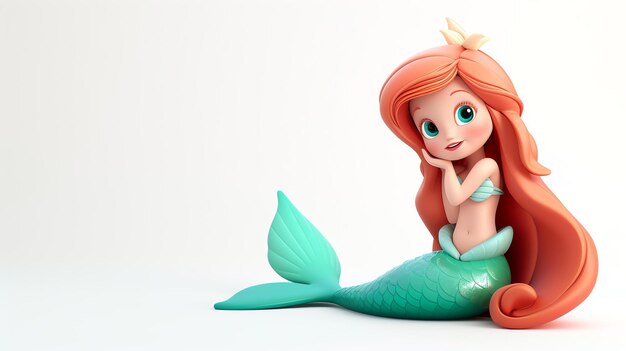 Cute cartoon mermaid with red hair and green tail sitting on a rock and looking at the camera with a shy smile on her face