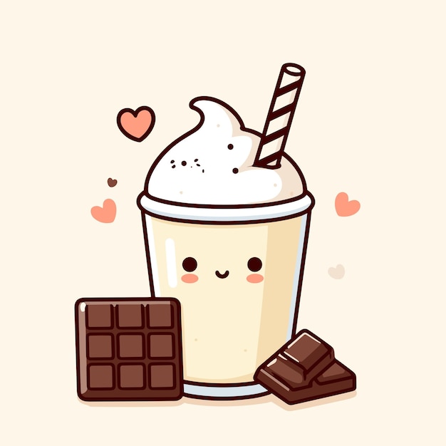 Cute cartoon milkshake with chocolate bars and whipped cream kawaii Vector illustration