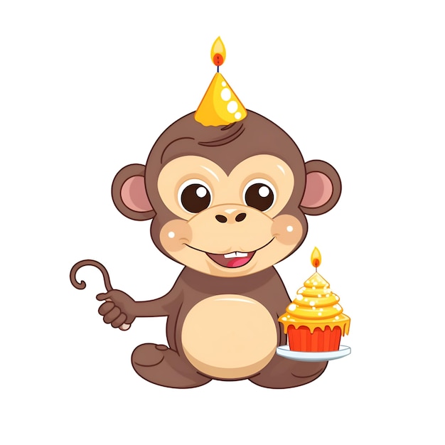 Cute cartoon monkey with birthday cake Vector illustration isolated on white background