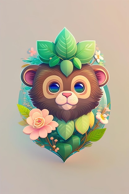 A cute cartoon monkey with leaves and flowers on it