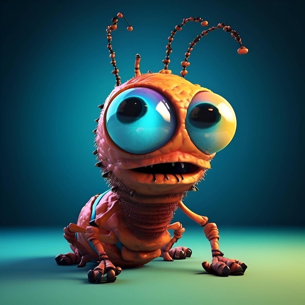 Cute cartoon monster with big eyes 3d render blue background