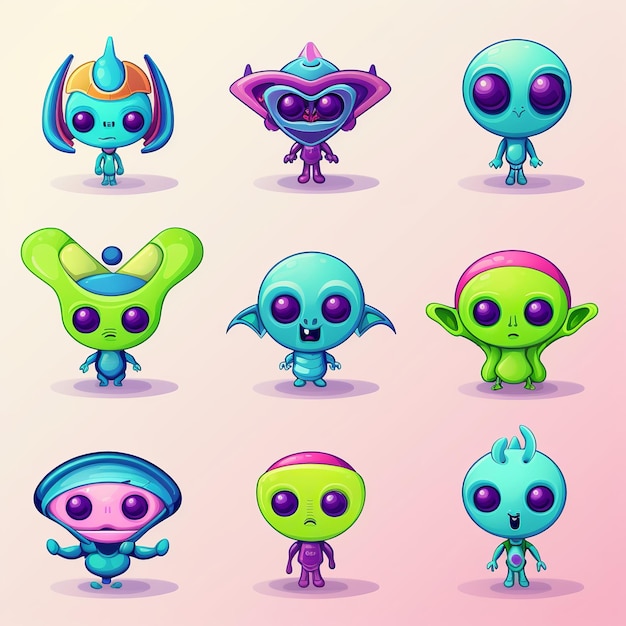 Photo cute cartoon monsters comic halloween joyful monster characters funny devil ugly alien and smile