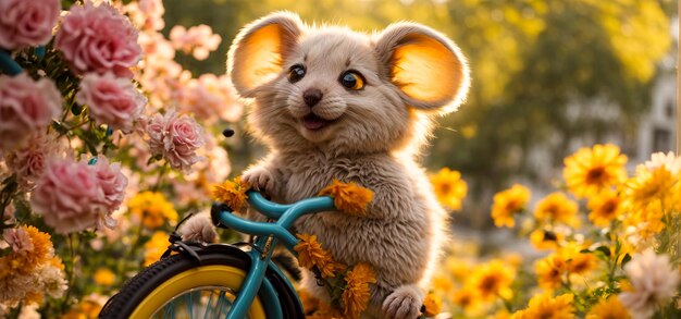 Cute cartoon mouse on a bicycle