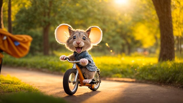 Cute cartoon mouse on a bicycle