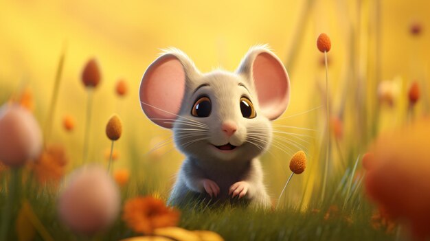 Cute Cartoon Mouse Character in a Meadow