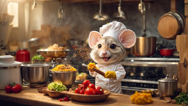 Cute cartoon mouse in the kitchen